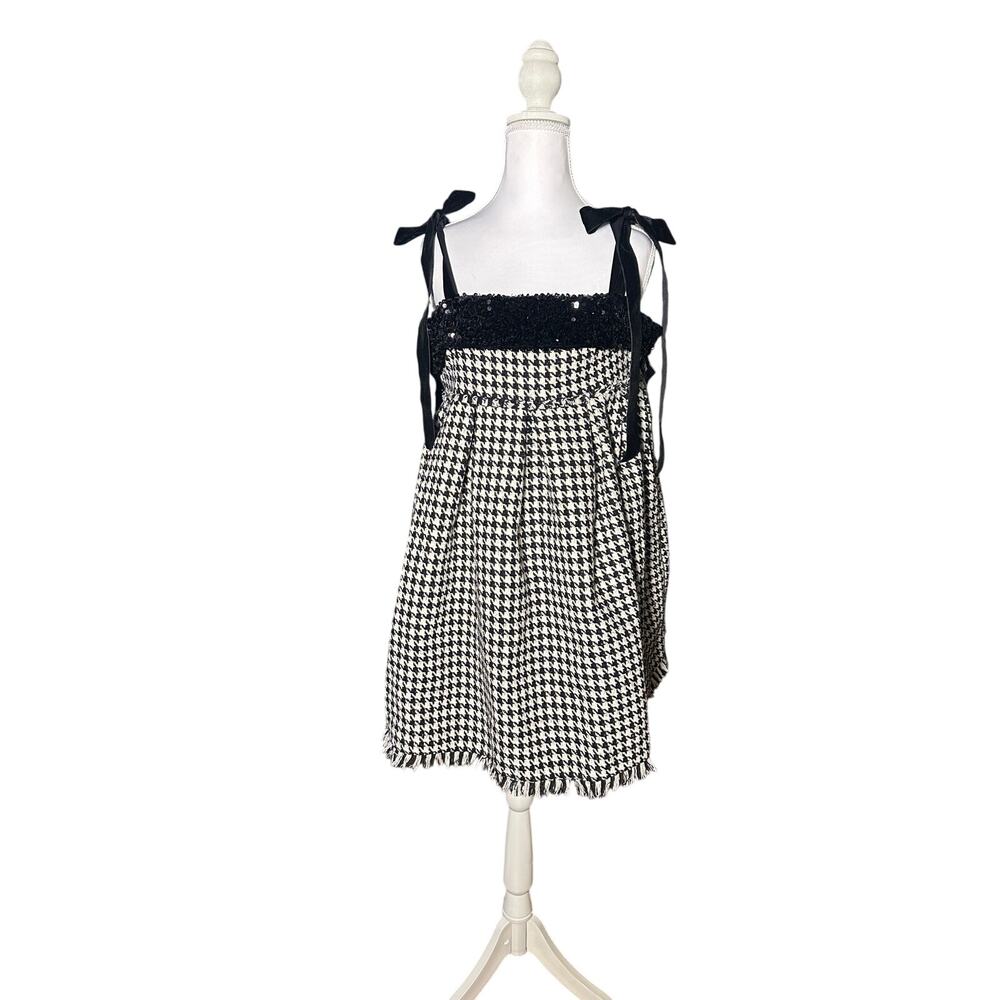 Sophia The Label  Sequin Tweed Bow Straps Fray Hem Medium Holiday Party Dress